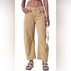 Free People Inspired-Amazon (S) Mid Rise, CroppedWide Leg Barrel Jeans Taupe